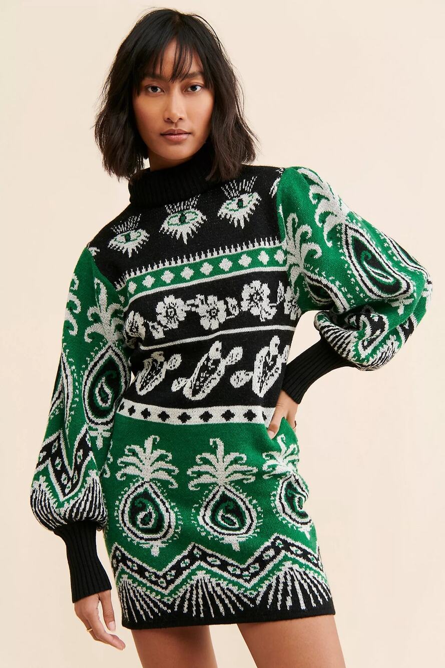 FARM Rio Mystic Scarf Sweater Dress Green Black Large
